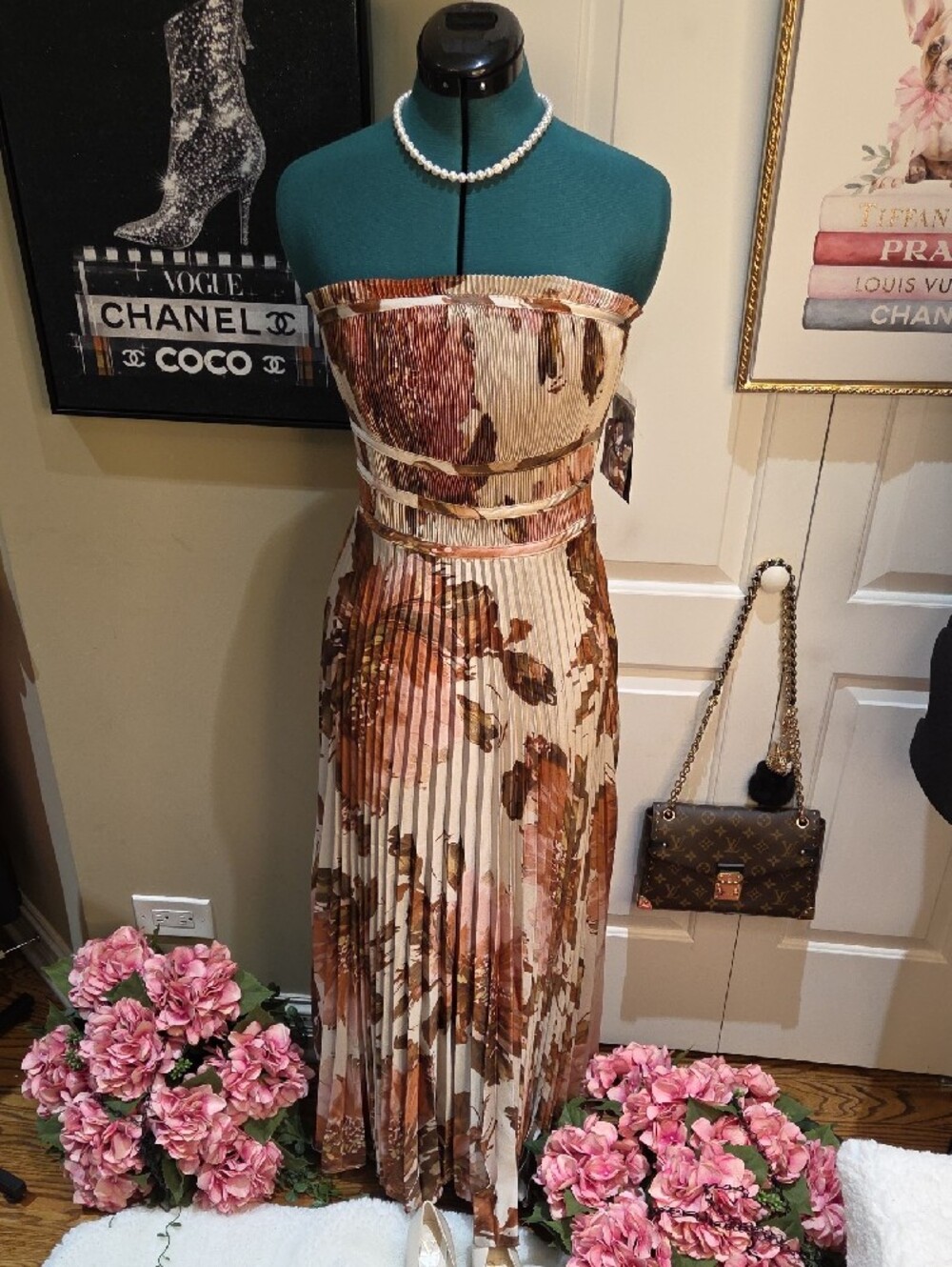 Nwt 14, 12, 10, 8 Taylor Strapless Pleated Floral Maxi Dress in Cream and Brown - Picture 2 of 16